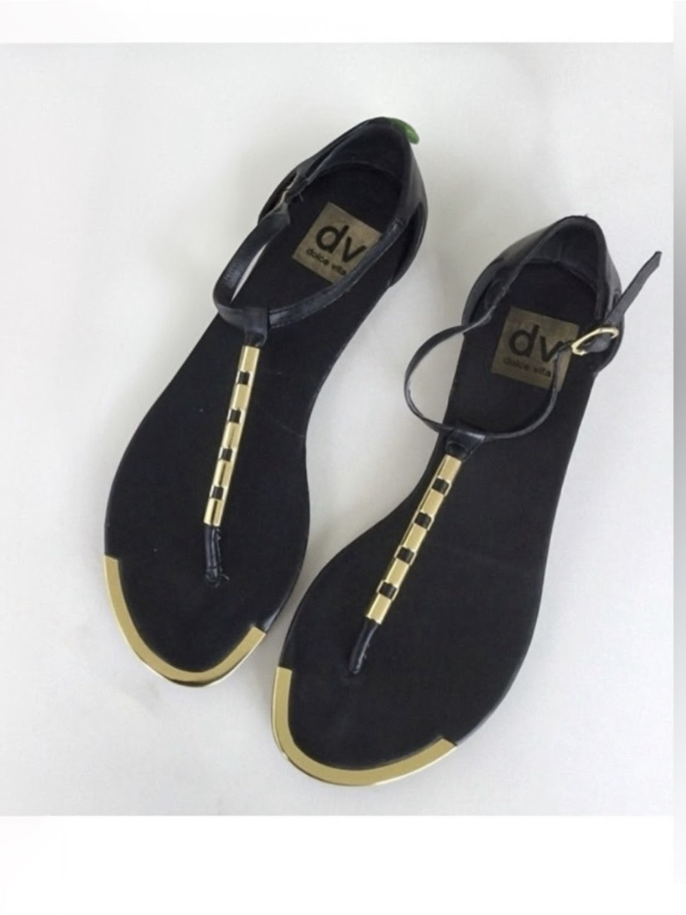 Dolce Vita Black and Gold T Strap Sandals